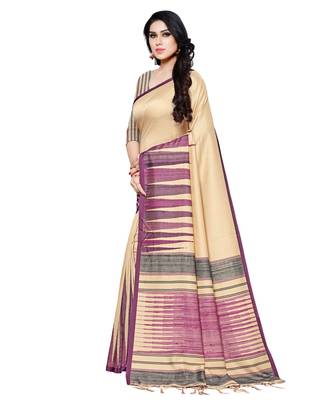 Beige printed Silk blend saree with blouse 3