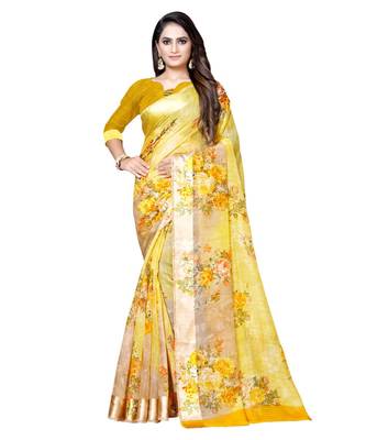 Yellow printed linen saree with blouse 1
