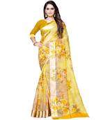 Yellow printed linen saree with blouse