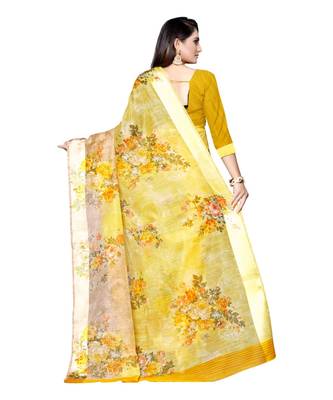 Yellow printed linen saree with blouse 2