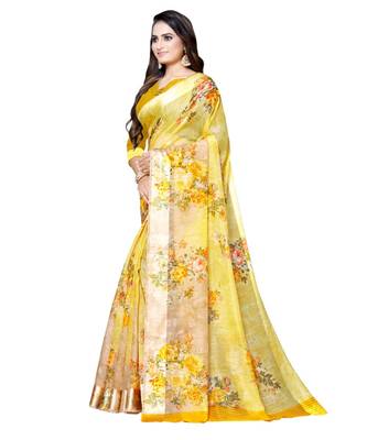 Yellow printed linen saree with blouse 3
