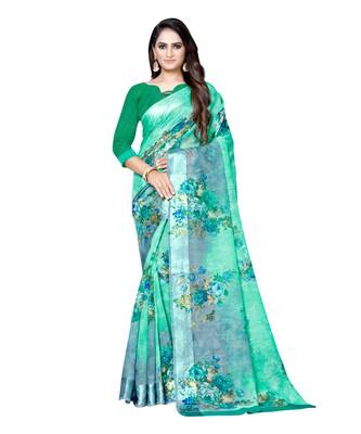 Green printed linen saree with blouse 1