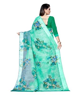 Green printed linen saree with blouse 2