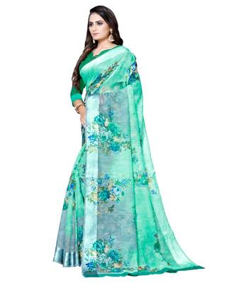 Green printed linen saree with blouse 3