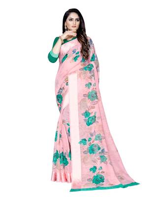 Pink printed linen saree with blouse 1