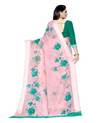 Pink printed linen saree with blouse 2