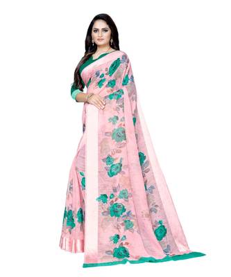Pink printed linen saree with blouse 3