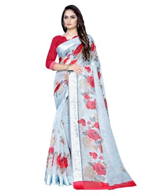 turquoise printed linen saree with blouse 1