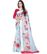 turquoise printed linen saree with blouse