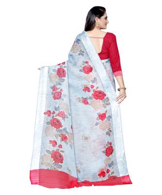 turquoise printed linen saree with blouse 2