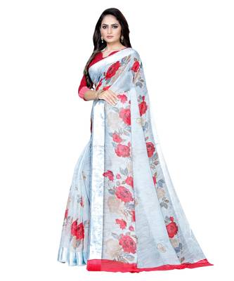 turquoise printed linen saree with blouse 3