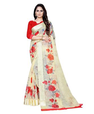 Yellow printed linen saree with blouse 1