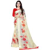 Yellow printed linen saree with blouse