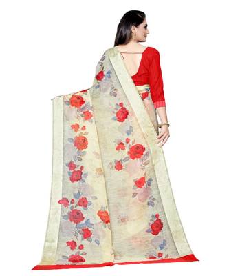 Yellow printed linen saree with blouse 2