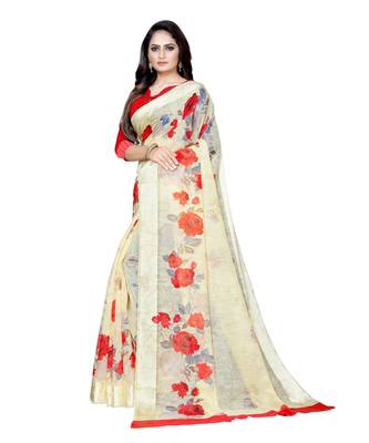 Yellow printed linen saree with blouse 3