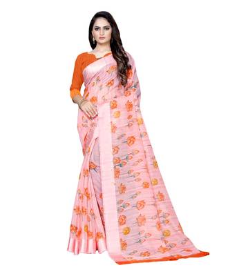 Pink printed linen saree with blouse 1
