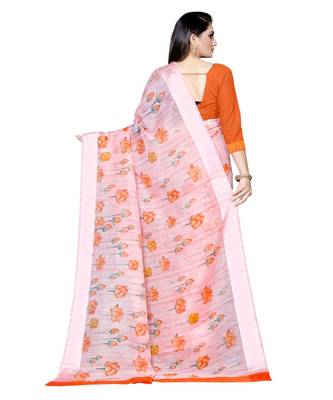 Pink printed linen saree with blouse 2