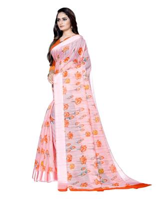 Pink printed linen saree with blouse 3