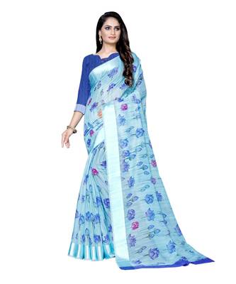 turquoise printed linen saree with blouse 1