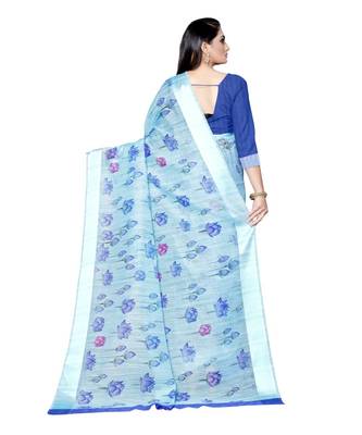 turquoise printed linen saree with blouse 2