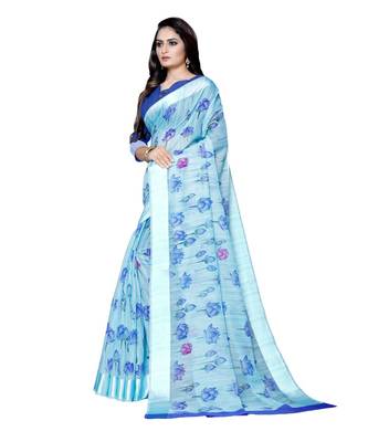 turquoise printed linen saree with blouse 3