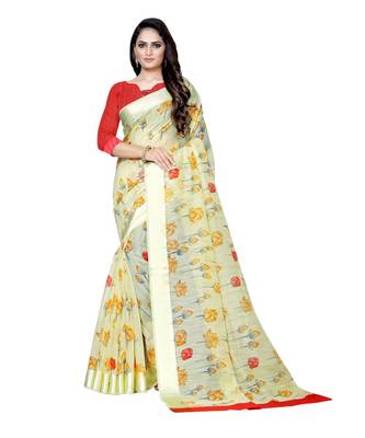 Yellow printed linen saree with blouse 1