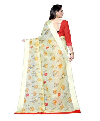 Yellow printed linen saree with blouse 2