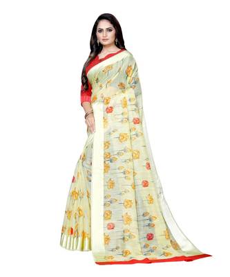 Yellow printed linen saree with blouse 3