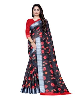 Black printed linen saree with blouse 1