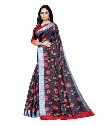 Black printed linen saree with blouse 3