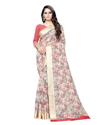 Cream printed linen saree with blouse 1