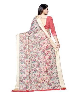 Cream printed linen saree with blouse 2