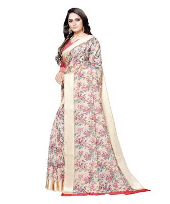 Cream printed linen saree with blouse 3