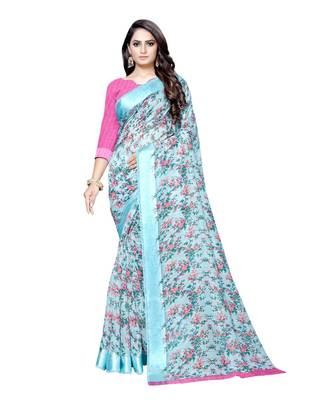 turquoise printed linen saree with blouse 1