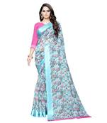turquoise printed linen saree with blouse