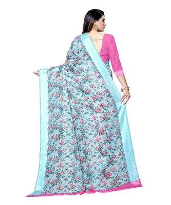 turquoise printed linen saree with blouse 2