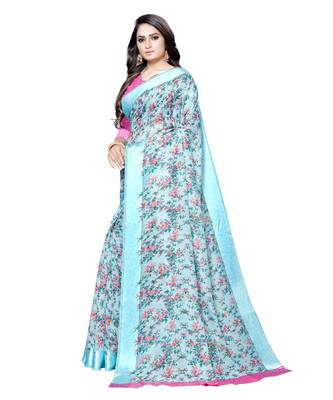 turquoise printed linen saree with blouse 3