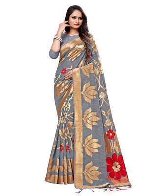 Grey printed cotton saree with blouse 1