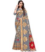 Grey printed cotton saree with blouse