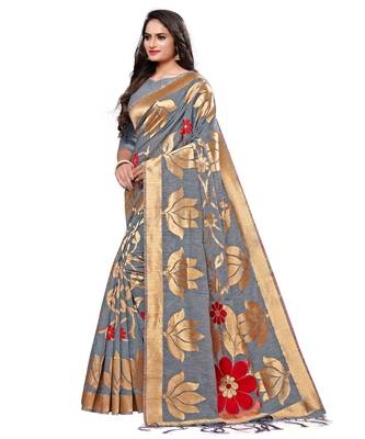 Grey printed cotton saree with blouse 3