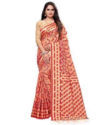 Peach printed cotton saree with blouse 1