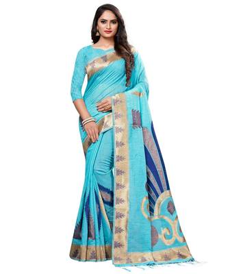 turquoise printed cotton saree with blouse 1