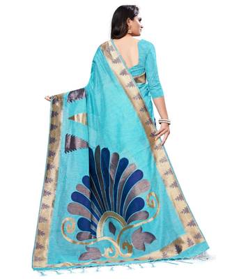 turquoise printed cotton saree with blouse 2