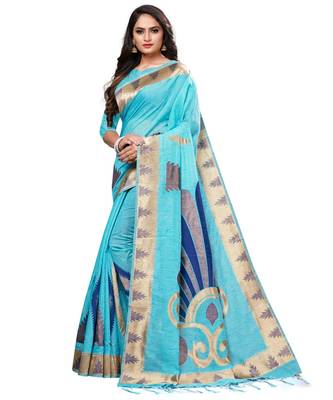 turquoise printed cotton saree with blouse 3