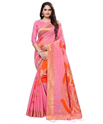 Pink printed cotton saree with blouse 1