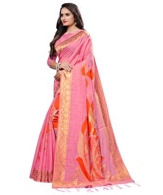 Pink printed cotton saree with blouse 3