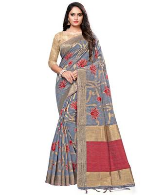 Grey printed cotton saree with blouse 1