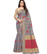 Grey printed cotton saree with blouse