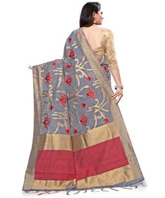 Grey printed cotton saree with blouse 2