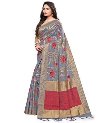 Grey printed cotton saree with blouse 3